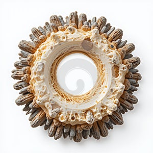 Beige and Gray Textured Circular Abstract Sculpture on White Background