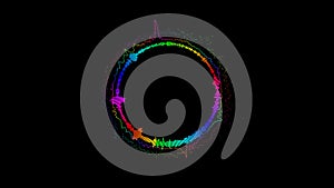 Abstract circular spinning spectral wave design on black background vibrating spectrum waveform audio music futuristic animation