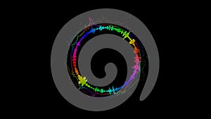 Abstract circular spinning spectral wave design on black background vibrating spectrum waveform music futuristic animation