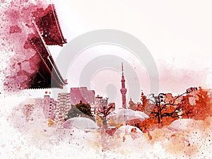 Abstract city landscape of Tokyo city cover the wind on watercolor illustration painting background.