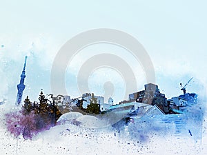 Abstract city landscape of Tokyo city cover the wind on watercolor illustration painting background..
