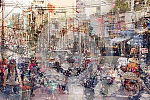 Abstract city life and road traffic concept - street scene double exposure