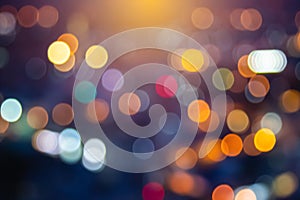 Abstract city lights blur blinking background. Soft focus horizontal long banner. Bokeh sparkles colorful defocused on dark