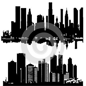 Abstract City Silhouette, Skyline Buildings Icon, Panoramic Downtown Landscape, City Silhouette Vector Illustration
