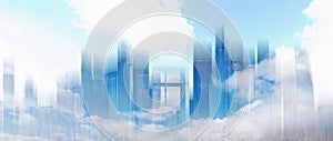 Abstract city skyline in blue sky and white clouds. Abstract city background