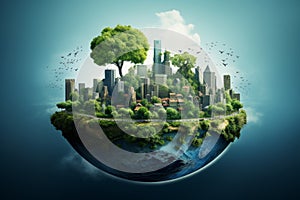 Abstract city in a sphere with buildings and trees as a symbol environmentalism. generative AI