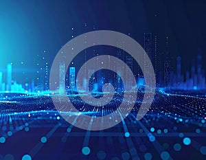 Abstract Cityscape Glowing Blue Particles Network Data Visualization Backdrop