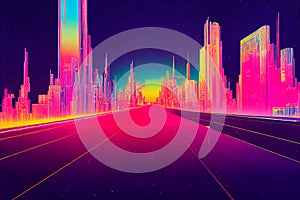 Abstract of cityscape in retrowave city pop style, cyberpunk