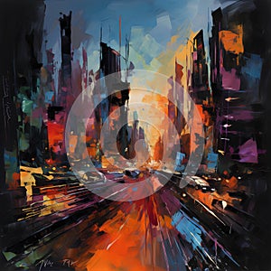 abstract cityscape with skyscrapers in the style of oil painting