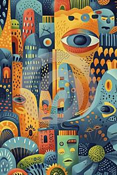 Abstract Cityscape with Surreal Faces and Vibrant Patterns