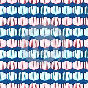 Abstract classic geometric seamless pattern on blue background. Striped hexagons with red accents.