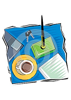 Abstract Clip Art of Office tools and stationery supplies on wooden table.Top view, space for text