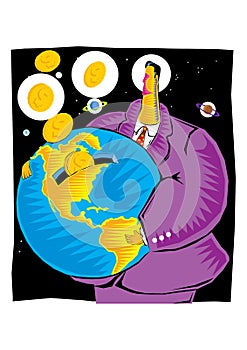 Abstract Clipart of  A businessman saves gold coins inside the globe as Earth bank