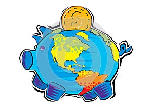 Abstract Clipart of saves gold coins inside the globe earth in piggy bank