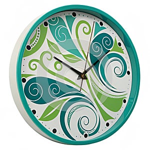 Teal, green, and white abstract clock design isolated on white background photo