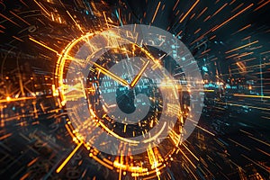 Abstract clock face exploding with light speed trails