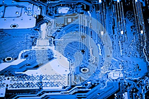 Abstract close up of Electronic Circuits in Technology on Mainboard computer background