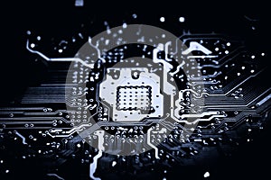 Abstract close up of Electronic Circuits in Technology on Mainboard computer background