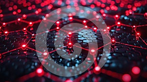 Abstract Red Network Connection Structure with Hexagonal Mesh and Glowing Nodes
