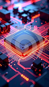 Abstract close up of a glowing computer processor chip and circuit board