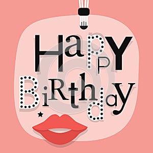 Abstract close up of hanging Happy Birthday message with woman lips on pink gift tag