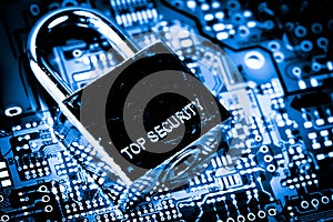 Abstract,close up of Lock on Mainboard Electronic computer background. best internet top security