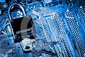 Abstract,close up of Lock on Mainboard Electronic computer background. best internet top security