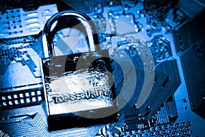 Abstract,close up of Lock on Mainboard Electronic computer background. best internet top security