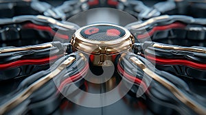 Abstract Metallic Spider Robot Close up of Gold and Red Mechanical Design photo
