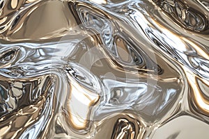 Smooth metallic waves reflect light in silver tones. Neural network AI generated
