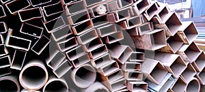 Abstract close up of a stack of steel pipes