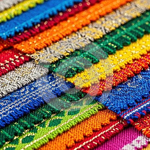 Abstract close-up of vibrant multicolored woven fabric texture