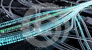 Fiber Optic Cables Transmitting Digital Data with Binary Code