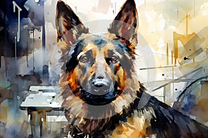 abstract closeup illustration of German Shepherd muzzle and veterinary clinic