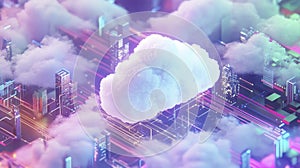 Abstract Cloud Computing Cityscape with Neon Lights