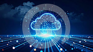 Abstract cloud computing concept with data streams and glowing lines