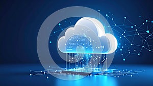 Abstract cloud computing concept with data transfer and network connections on blue background.