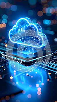 Abstract cloud computing concept with glowing circuit board and data visualization