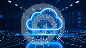 Abstract cloud computing concept with a glowing circuit board design.