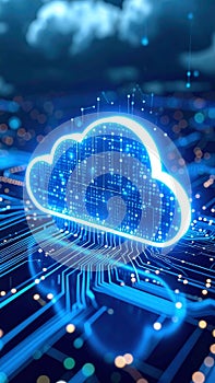 Abstract cloud computing concept with glowing circuit board and digital data