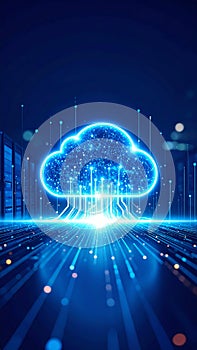 Abstract cloud computing concept with glowing data streams and servers in a digital environment