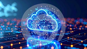 Abstract cloud computing concept with glowing digital data and circuit board design.