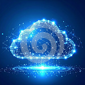 Abstract Cloud Computing Concept Glowing Dots and Lines in Dark Blue Backdrop