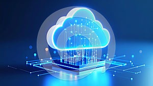 Abstract cloud computing concept with a glowing cloud icon and digital data transfer.