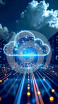 Abstract cloud computing concept with glowing lines and data transfer