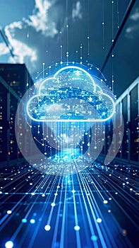 Abstract cloud computing concept with server racks and data transfer lines