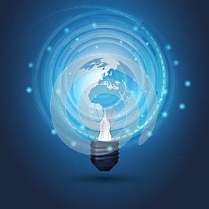 Abstract Cloud Computing, Electric and Global Network Connections Concept Design with Earth Globe Inside a Glowing Light Bulb and