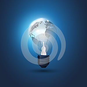 Abstract Cloud Computing, Electric and Global Network Connections Concept Design with Earth Globe Inside a Glowing Light Bulb