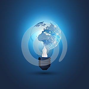 Abstract Cloud Computing, Electric and Global Network Connections Concept Design with Earth Globe Inside a Glowing Light Bulb