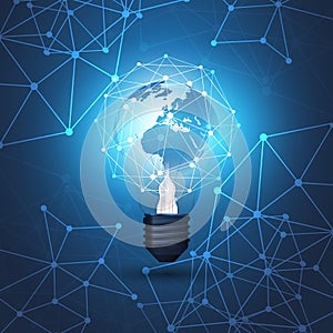 Abstract Cloud Computing, Electric and Global Network Connections Concept Design with Earth Globe Inside a Glowing Light Bulb